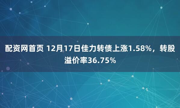 配资网首页 12月17日佳力转债上涨1.58%，转股溢价率36.75%